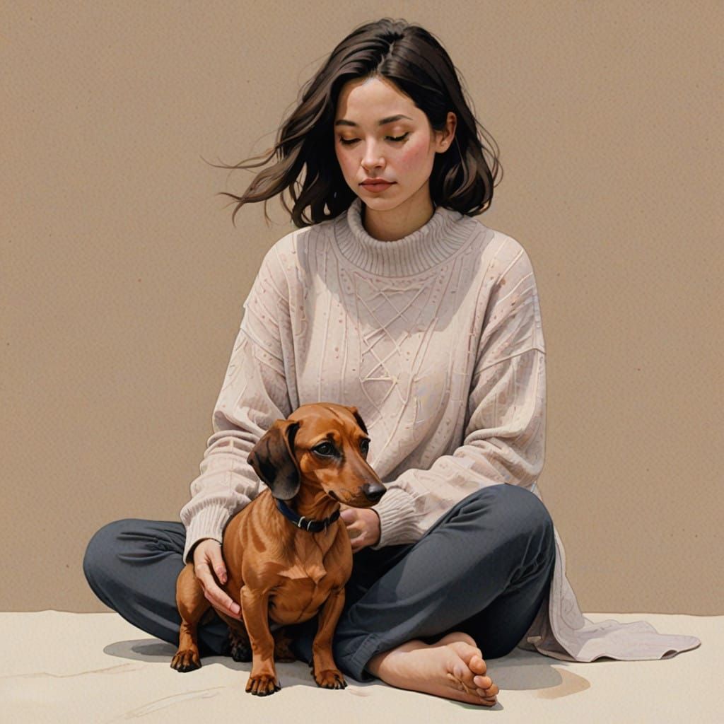 Serenity in Pastel Hues: Woman and Dog in Cozy Harmony