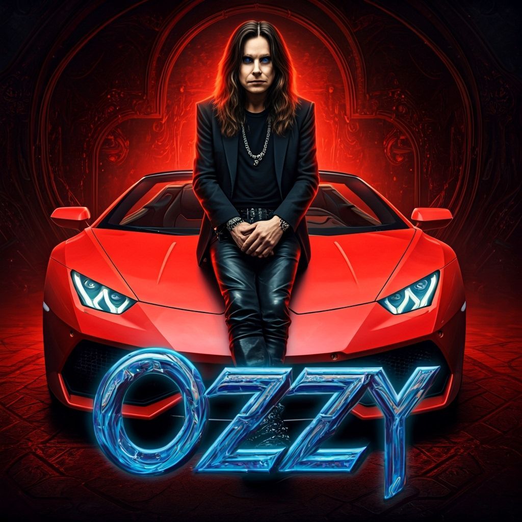 Ozzy Osbourne Leaning on Red Lamborghini, Hyperrealistic Art