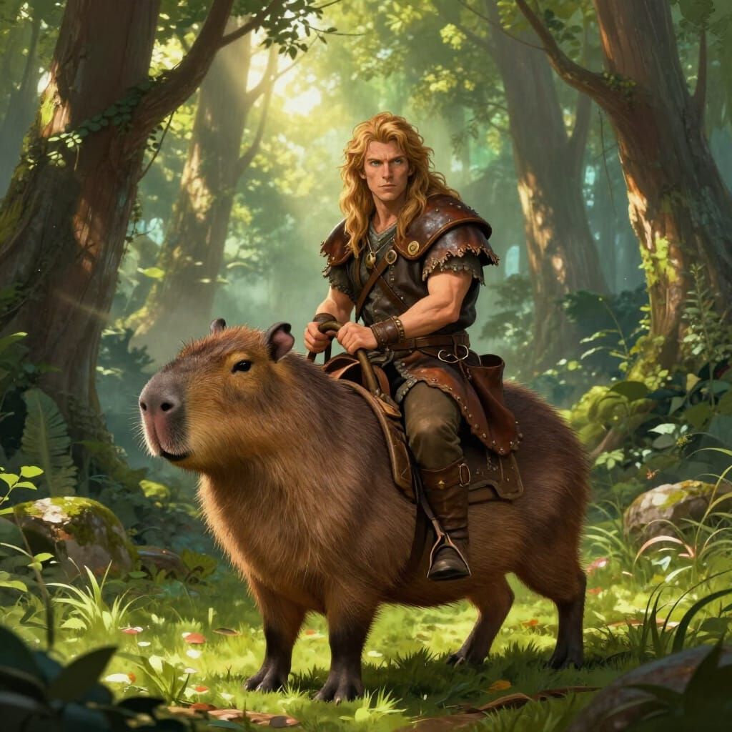 Gnome Ranger Rides Capybara Through Ancient Forest