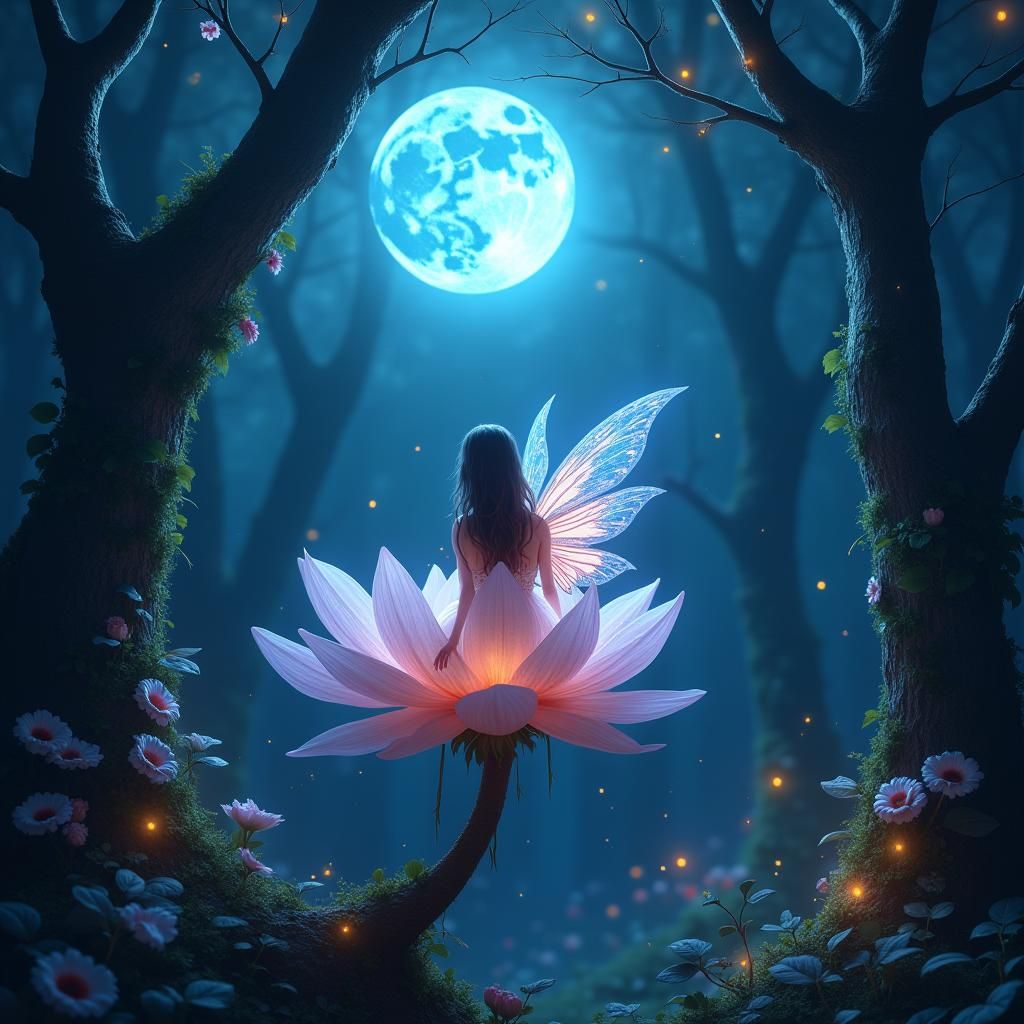 Ethereal Fairy Moonlit Forest in Matte Painting Style