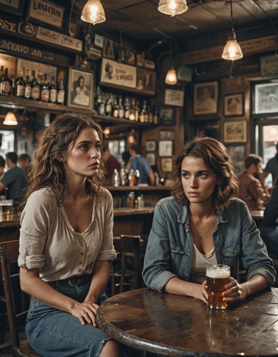 Hopeless Couple in Shabby Bar: Cinematic Photo