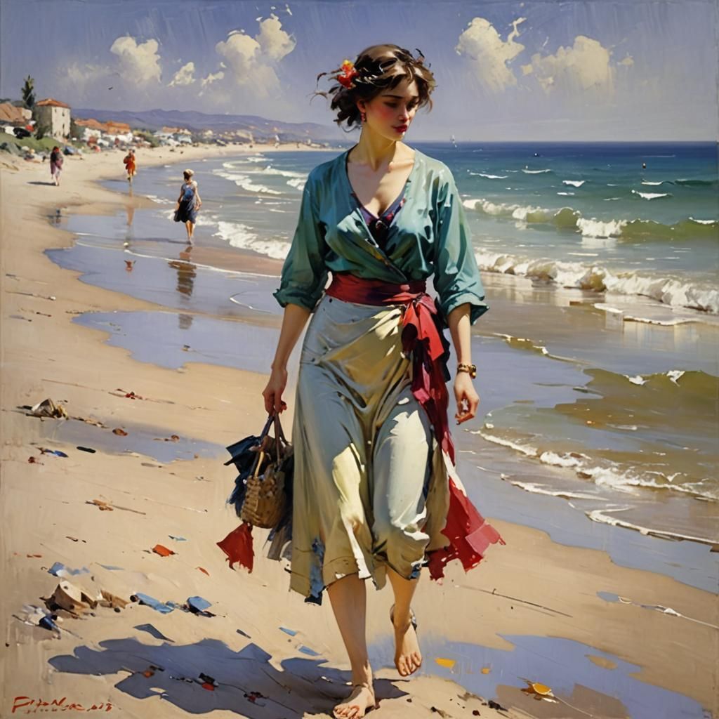 Woman on a Beach in Figurative Style