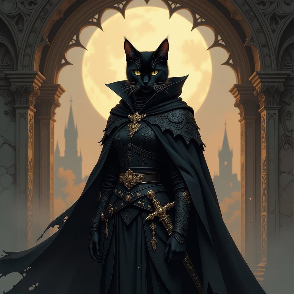 Cat Dragon Assassin Emerges from Mystical Realm as Oil Paint...