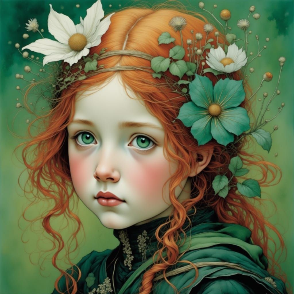 Ethereal Portrait of a Red-Haired Girl Amidst Whimsical Wild...