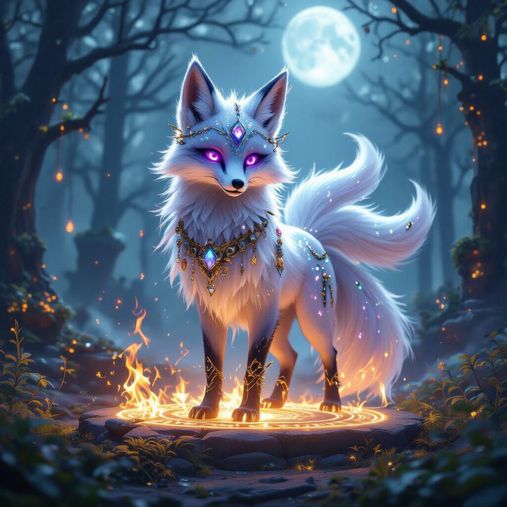 Nine-Tailed Fox on Altar in Magical Realism Style