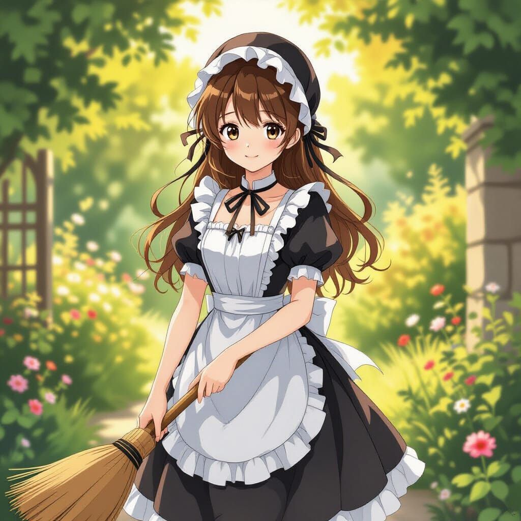 Anime Maiden in Sun-Dappled Garden