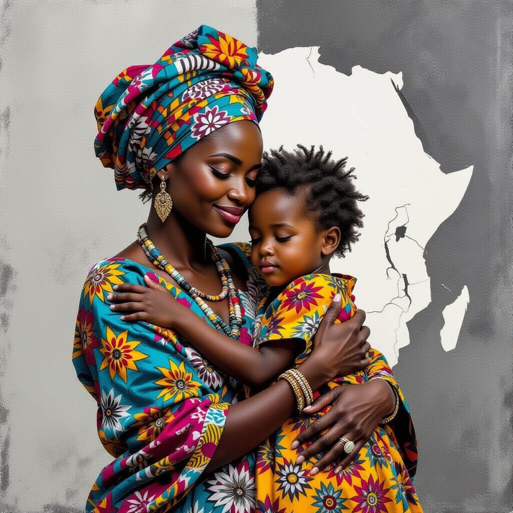 Mother and Child Forming Africa in Mixed Media Art
