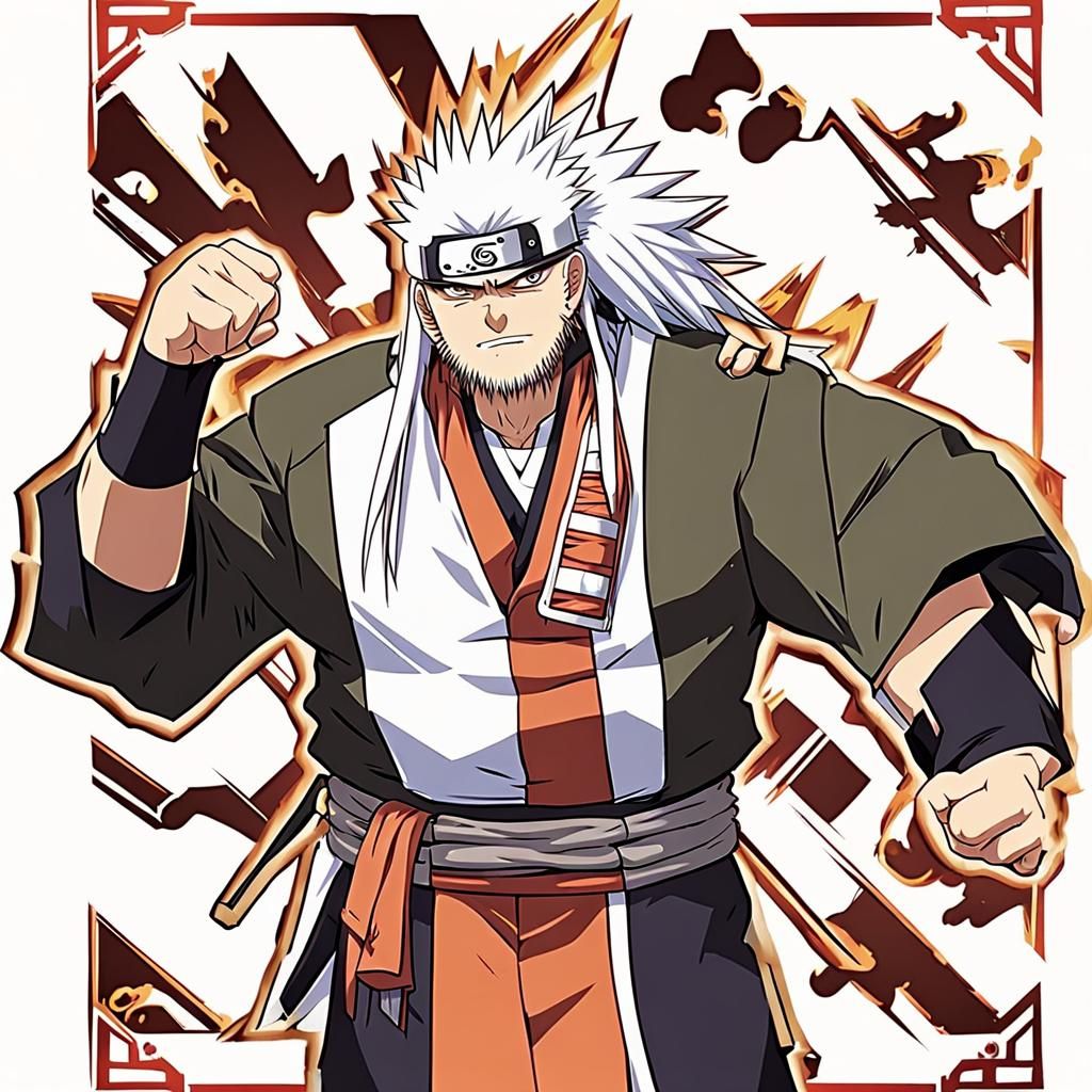 Jiraiya from Naruto, tall and well-built man with fair skin,...
