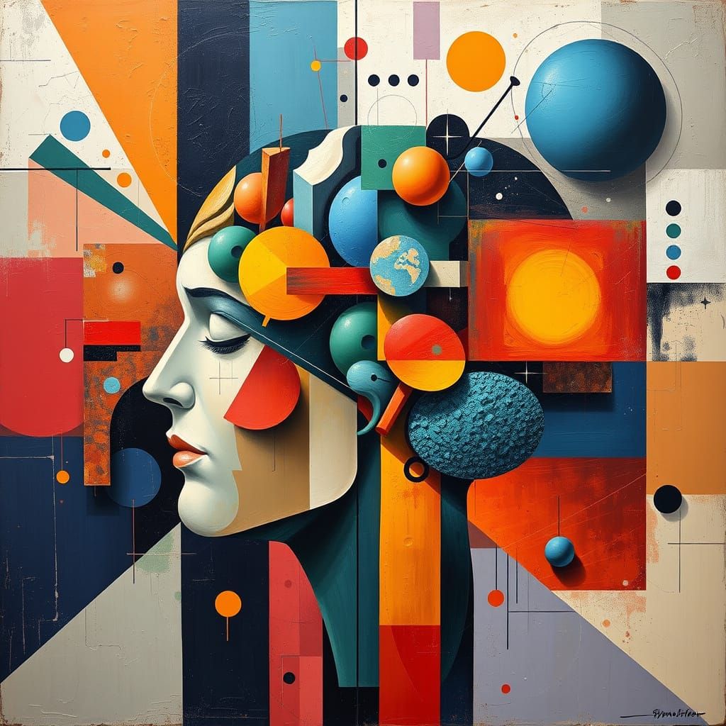 Abstract Futurist Intellect in Geometric Oil Painting