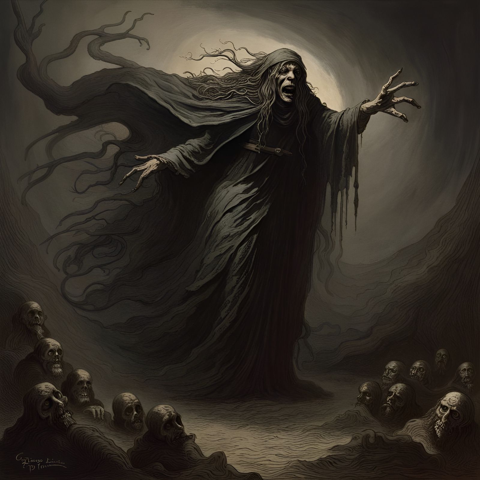 Shapeshifting Hag in Dark Horror Style