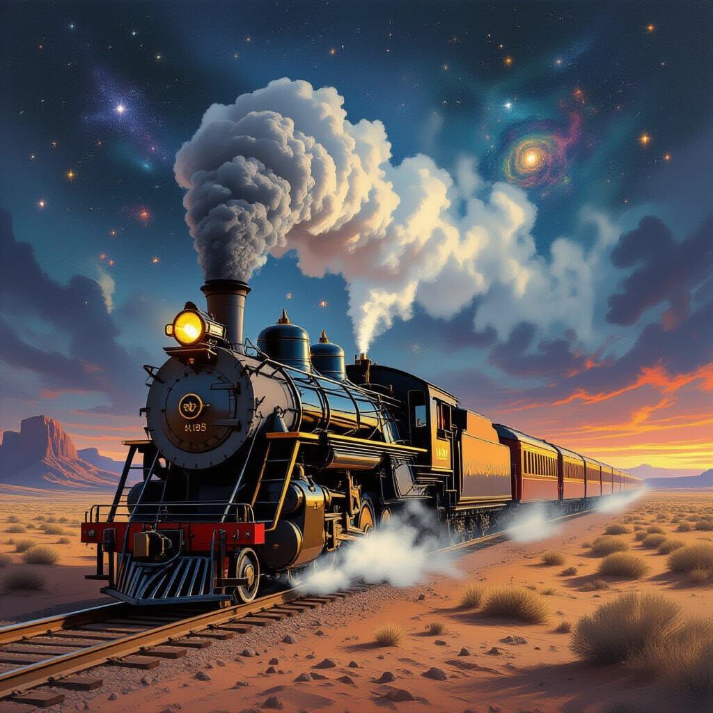 Steam Locomotive in Desert Nebula Sky