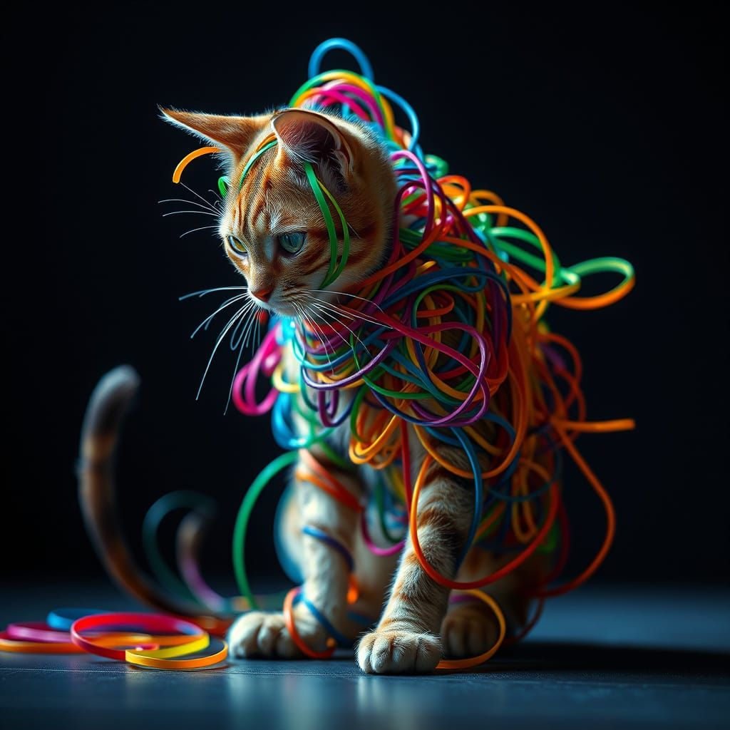 Surreal Tornado Cat Made of Rubber Bands