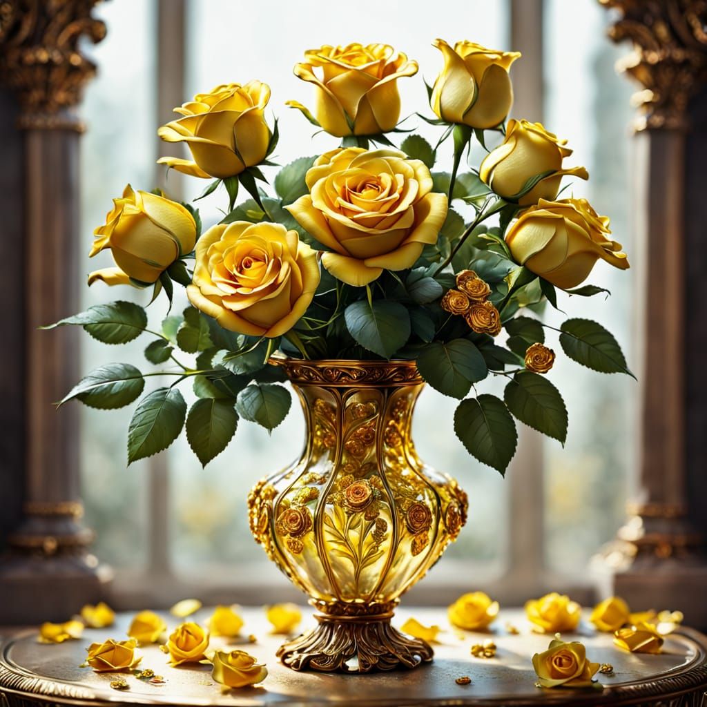 Surreal Ornate Gold Vase Holds Vibrant Yellow Roses