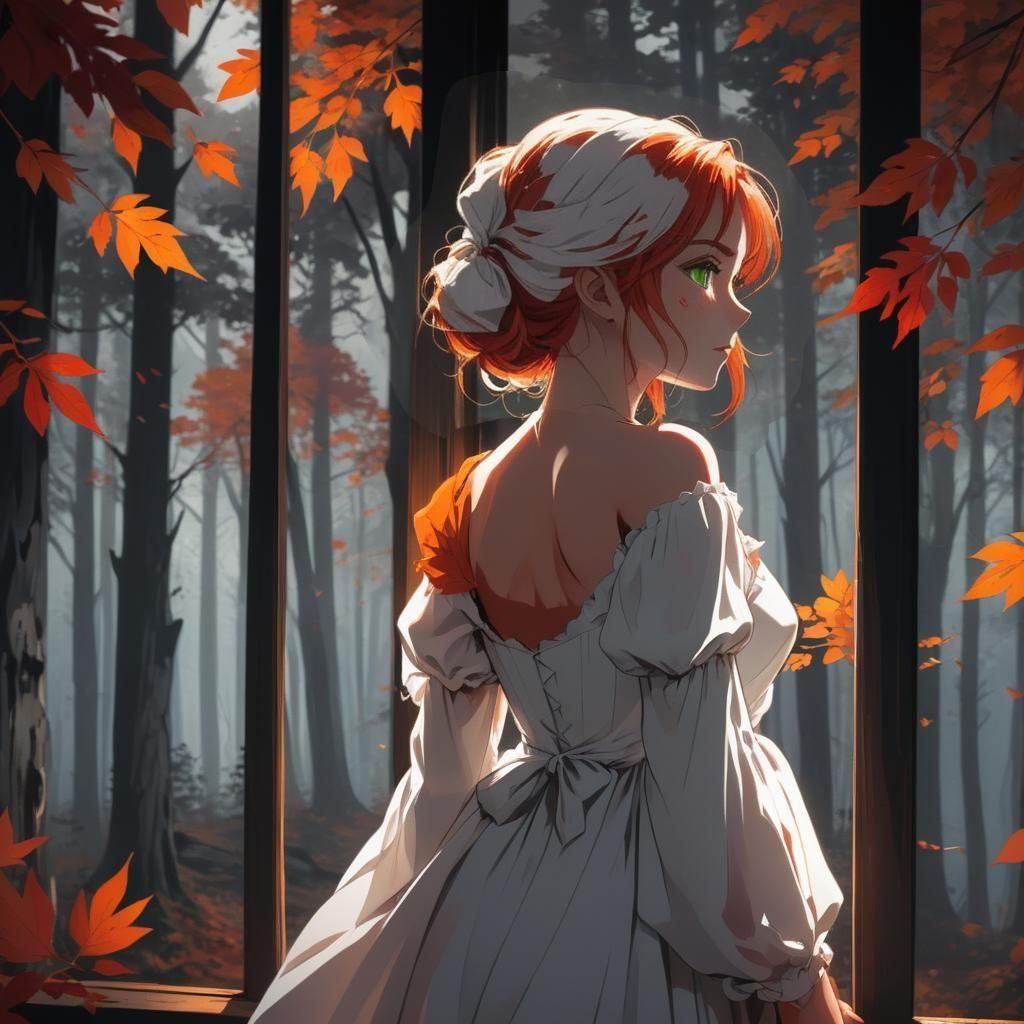 Anime Woman with Red Hair Gazing at Autumn Forest