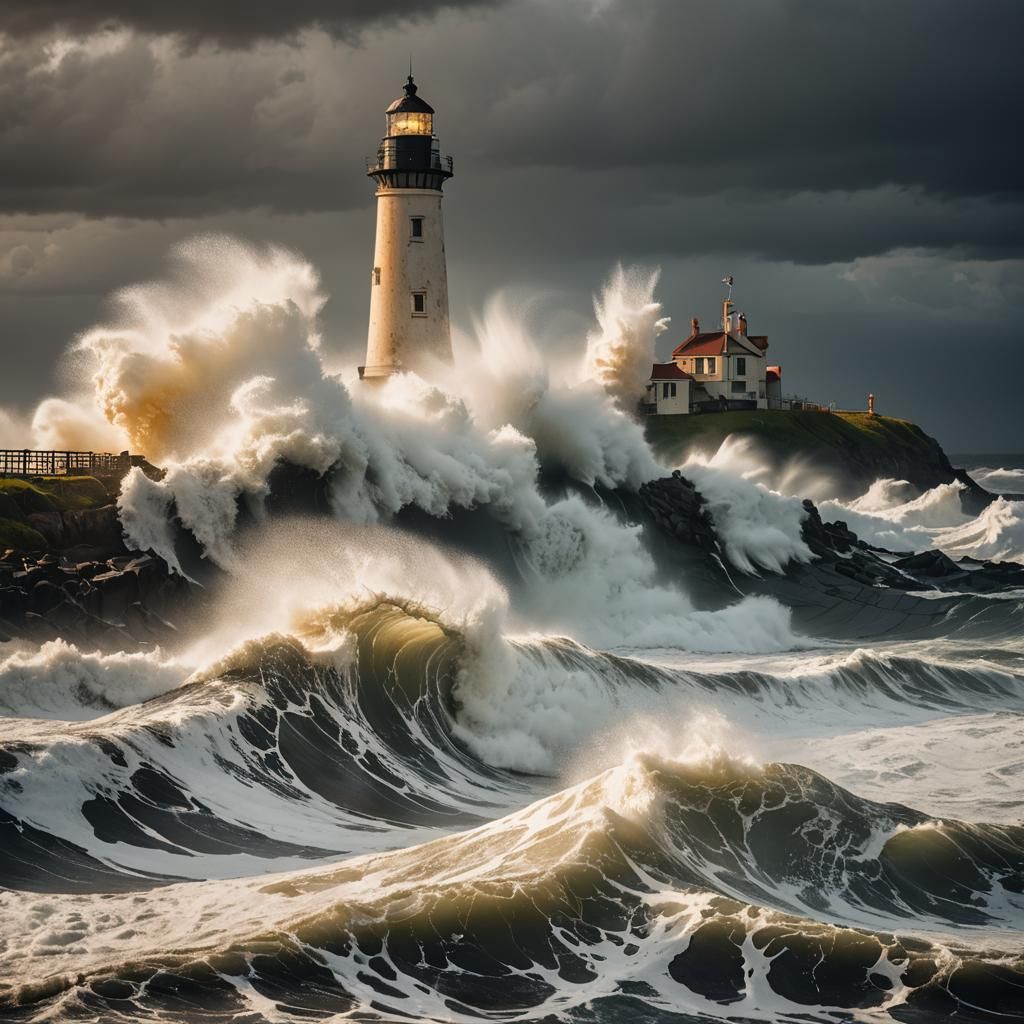 Tsunami Crashing Lighthouse: Dramatic Seascape Photography