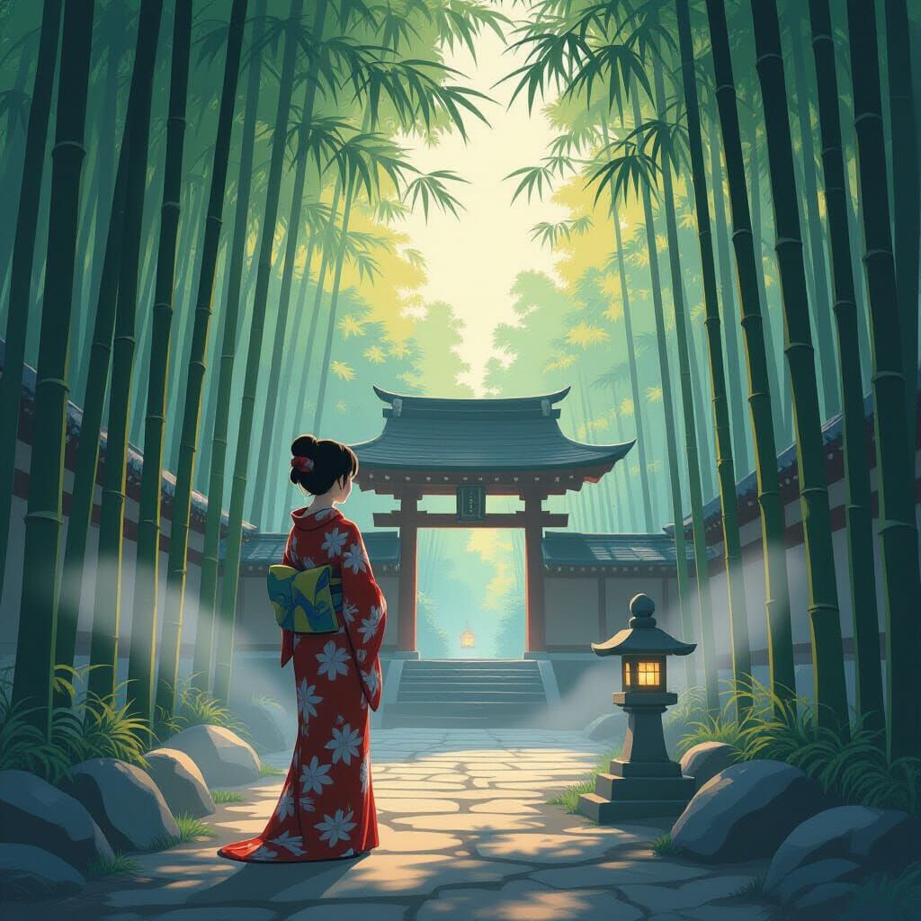 Serene Woman at Dawn Temple in Anime Style