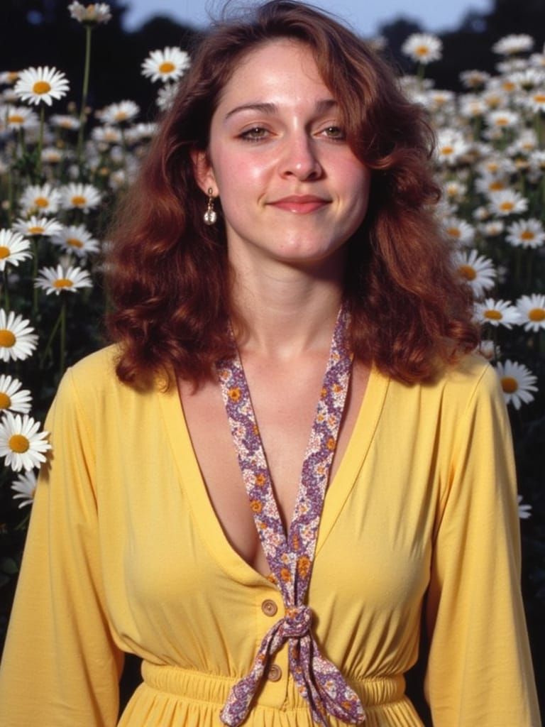 Surreal Hippie Goddess in Daisies, 1960s Magazine Cover Styl...