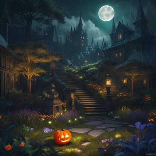 Magical Cat with Jack-o-Lantern in Moonlit Garden