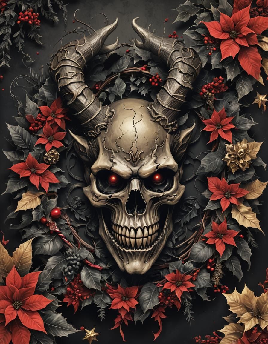 Sinister Krampus Skull Christmas Wreath in Dark Fantasy