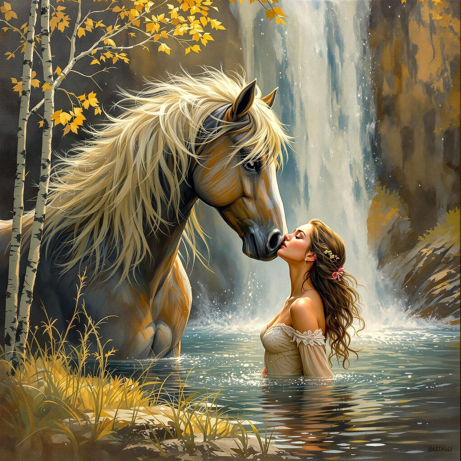 Horse and Woman Under Waterfall: Encaustic Oil Painting