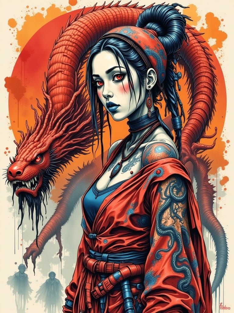 Woman in Sari Before Giant Oni, Pinup Style