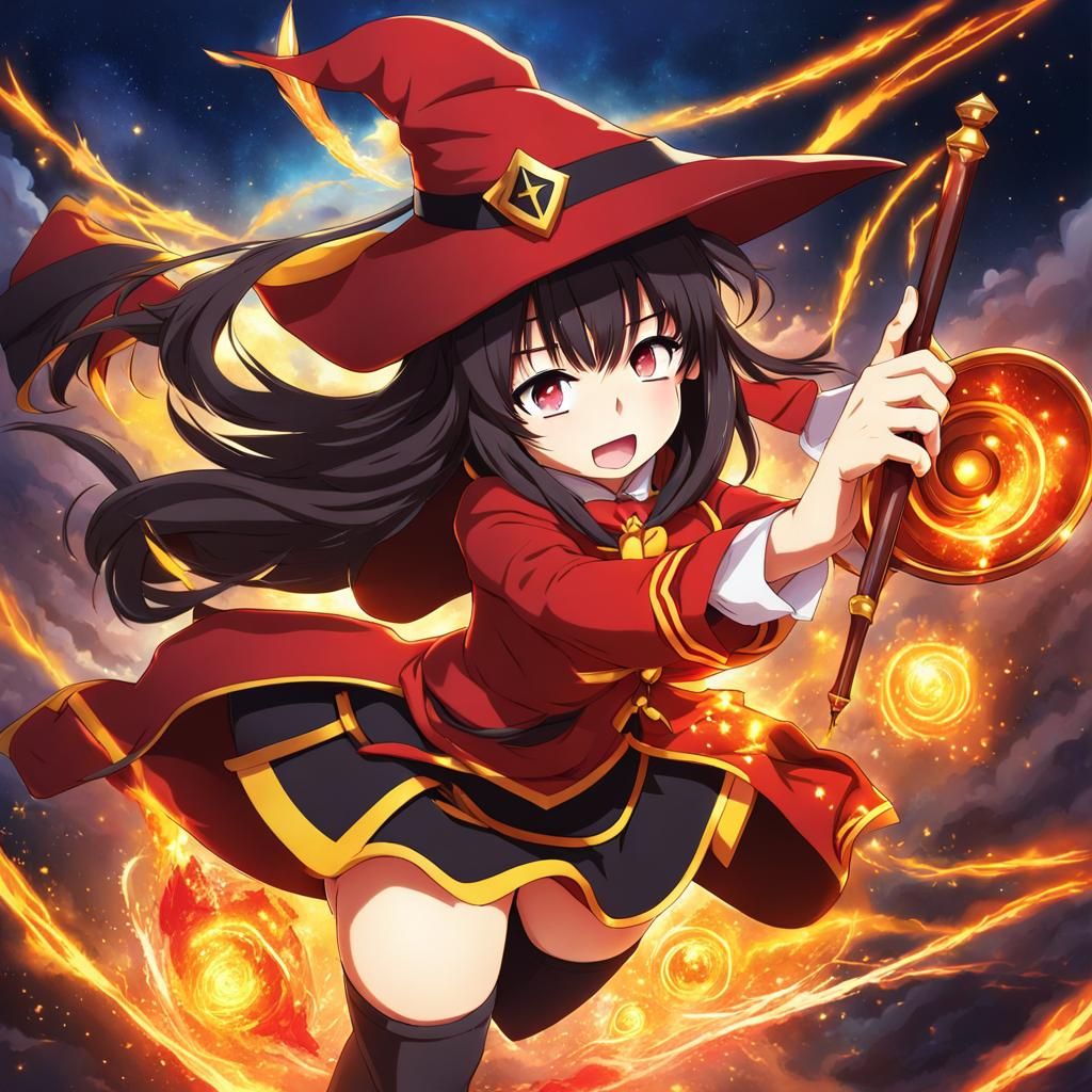 Megumin Casting Explosion Spell in Anime Style