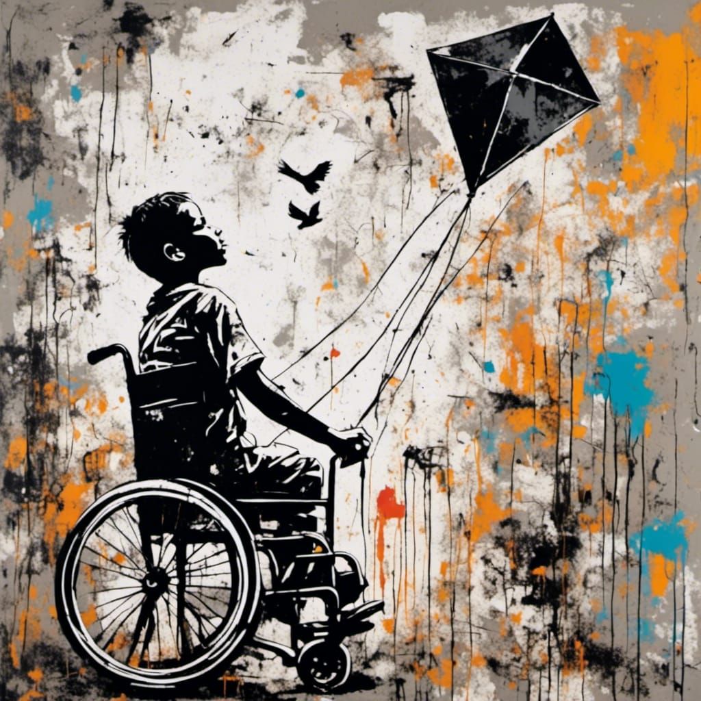 Graffiti piece in black and white of a Boy who flies away on...