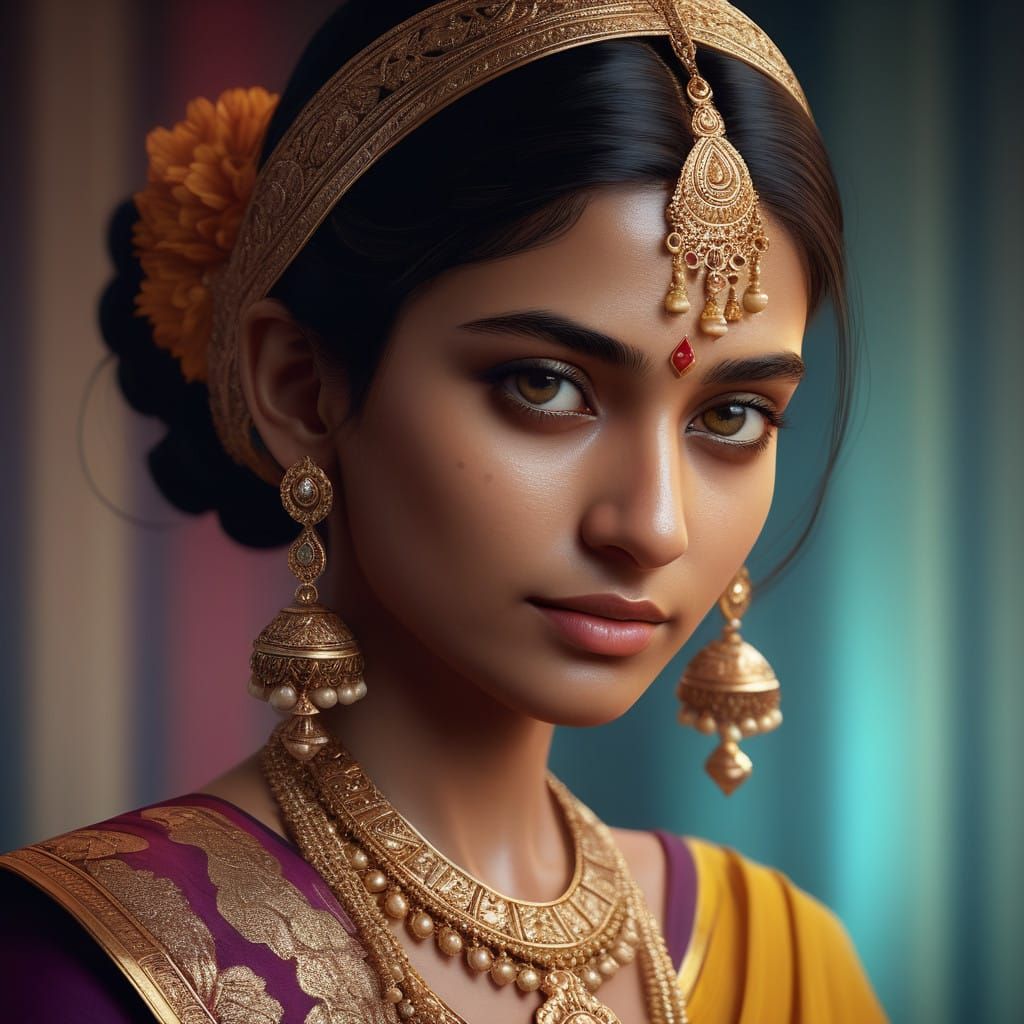 Elegant Indian Goddess in Sari and Modern Jewelry