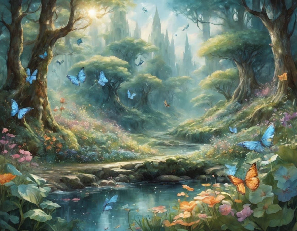 Ethereal Fantasy Landscapes with Whimsical Elves and Iridesc...