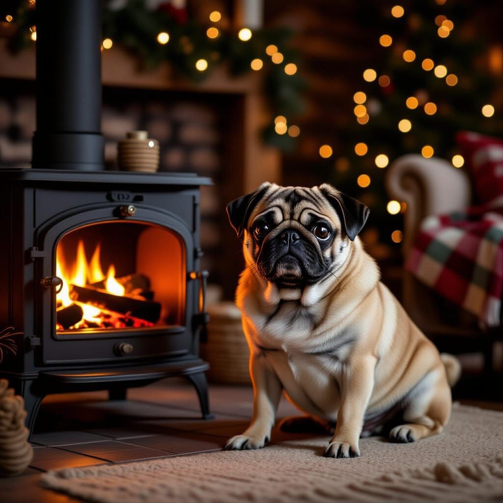 Cosy Black Pug Near Wood Stove at Cottage
