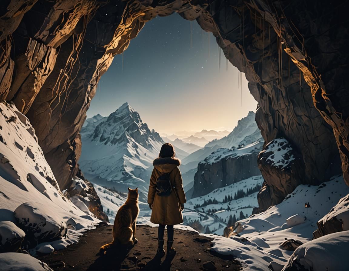 Girl and Cat Gaze at Snowy Mountain View