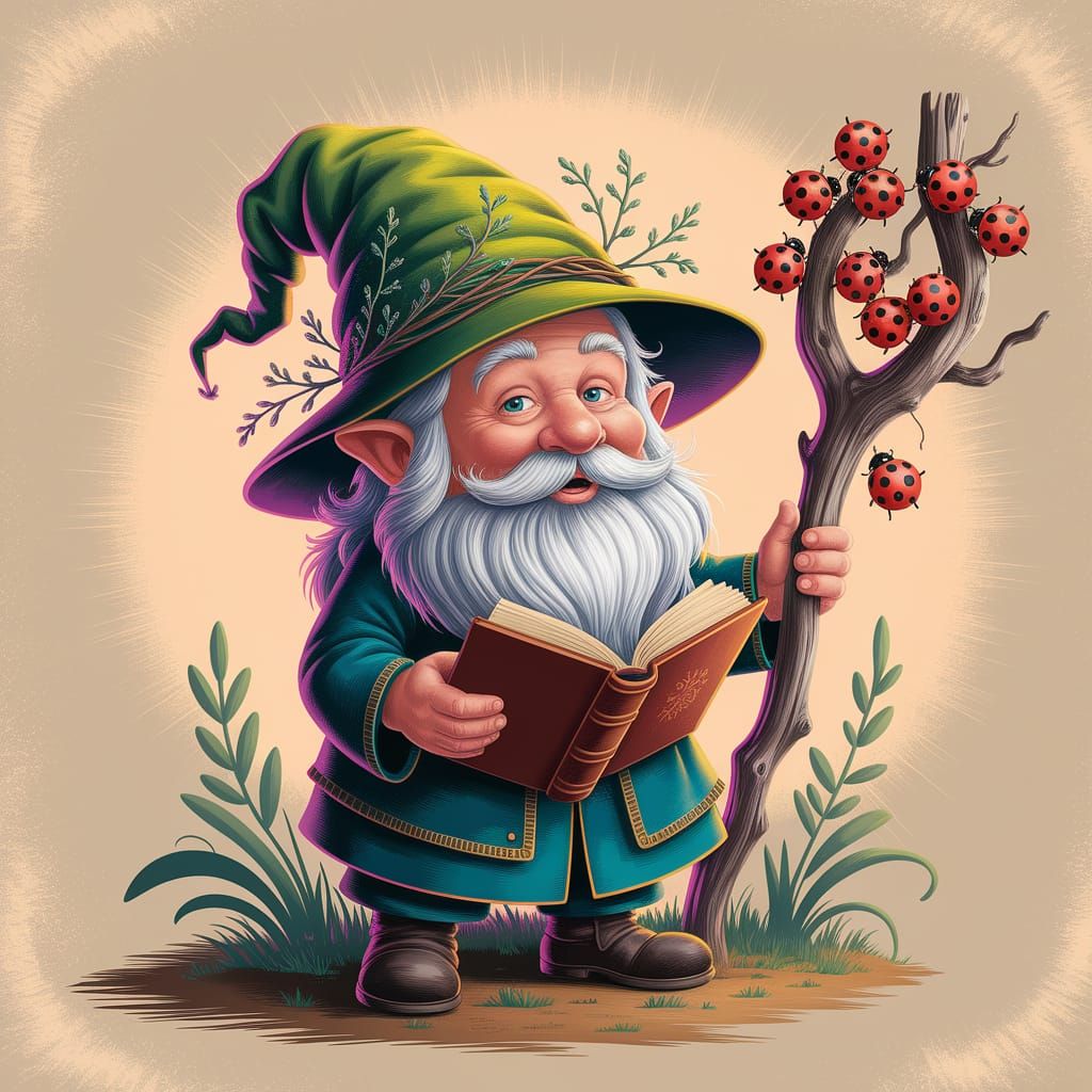 Charming Wizard Gnome with Book and Ladybugs