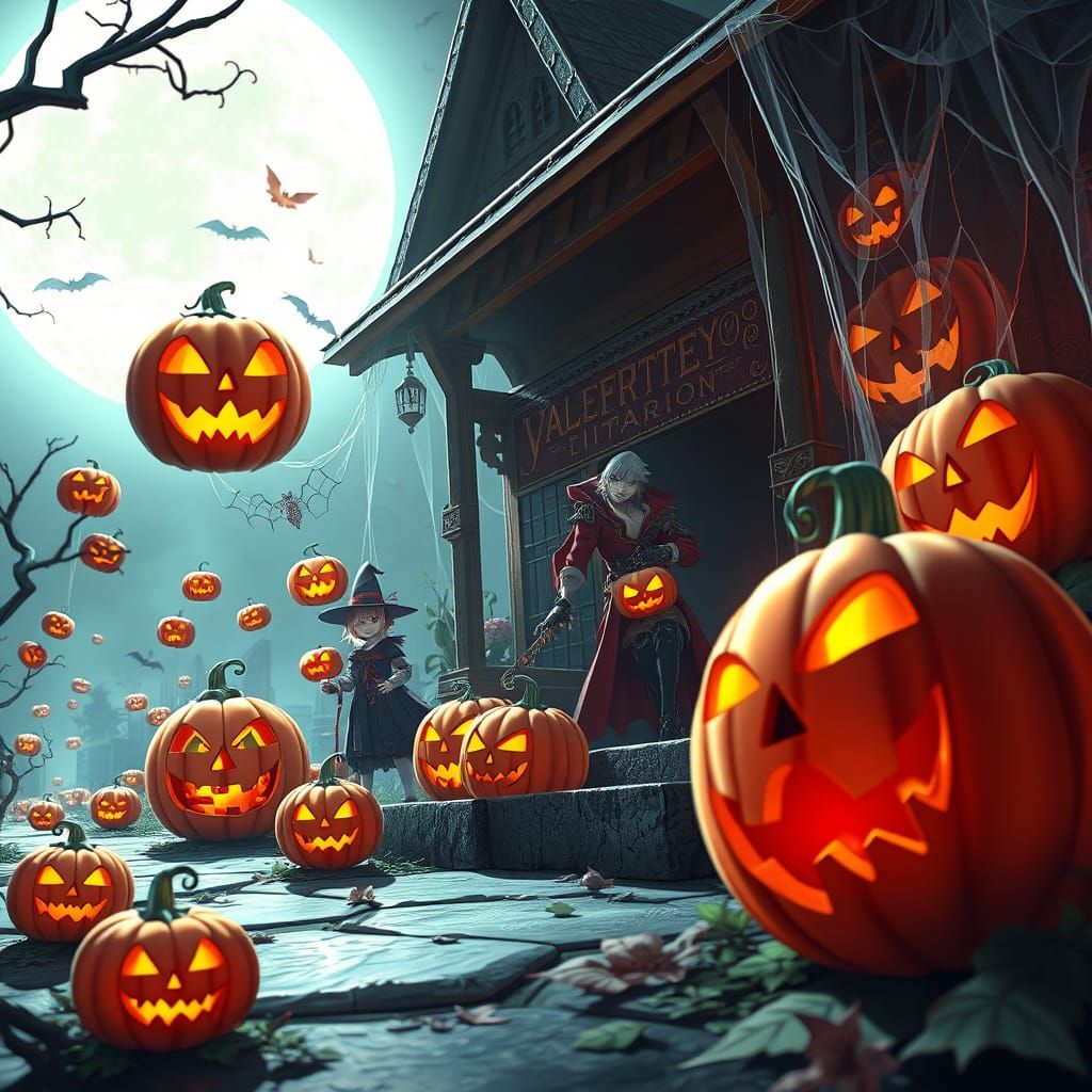 Spooky Halloween Scene With Jack-o'-Lanterns and Characters