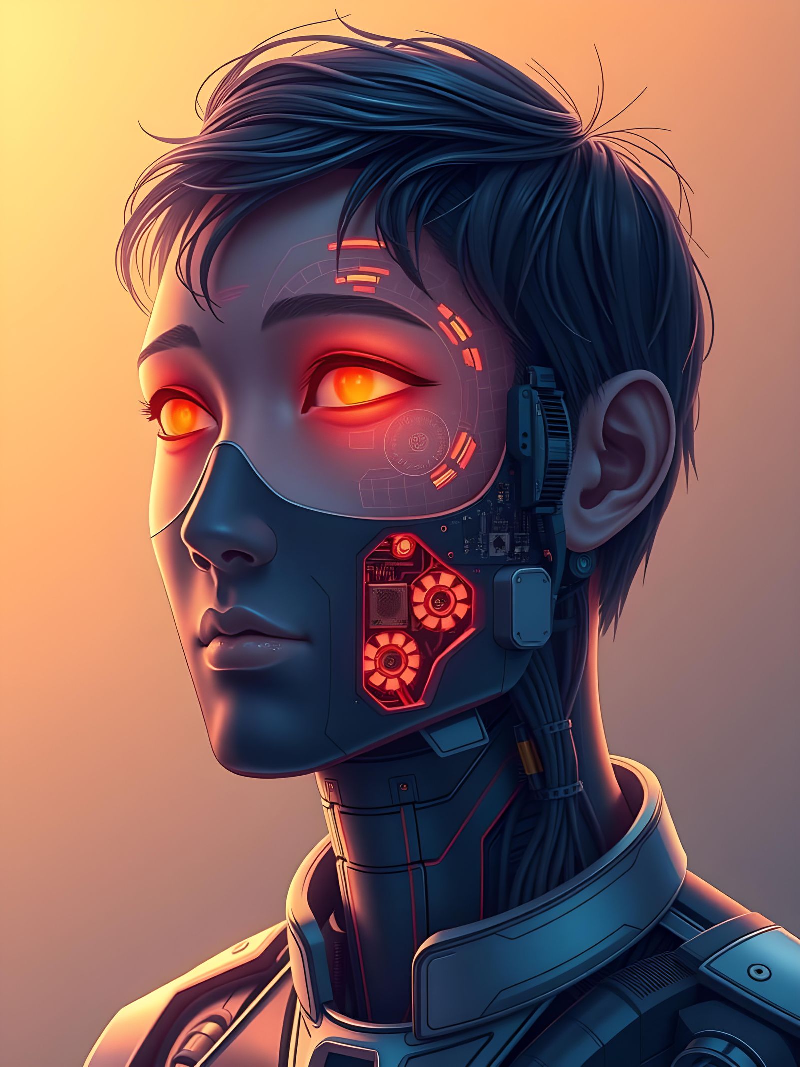 Anime-Style Portrait of Faceless Man with Electronic Parts
