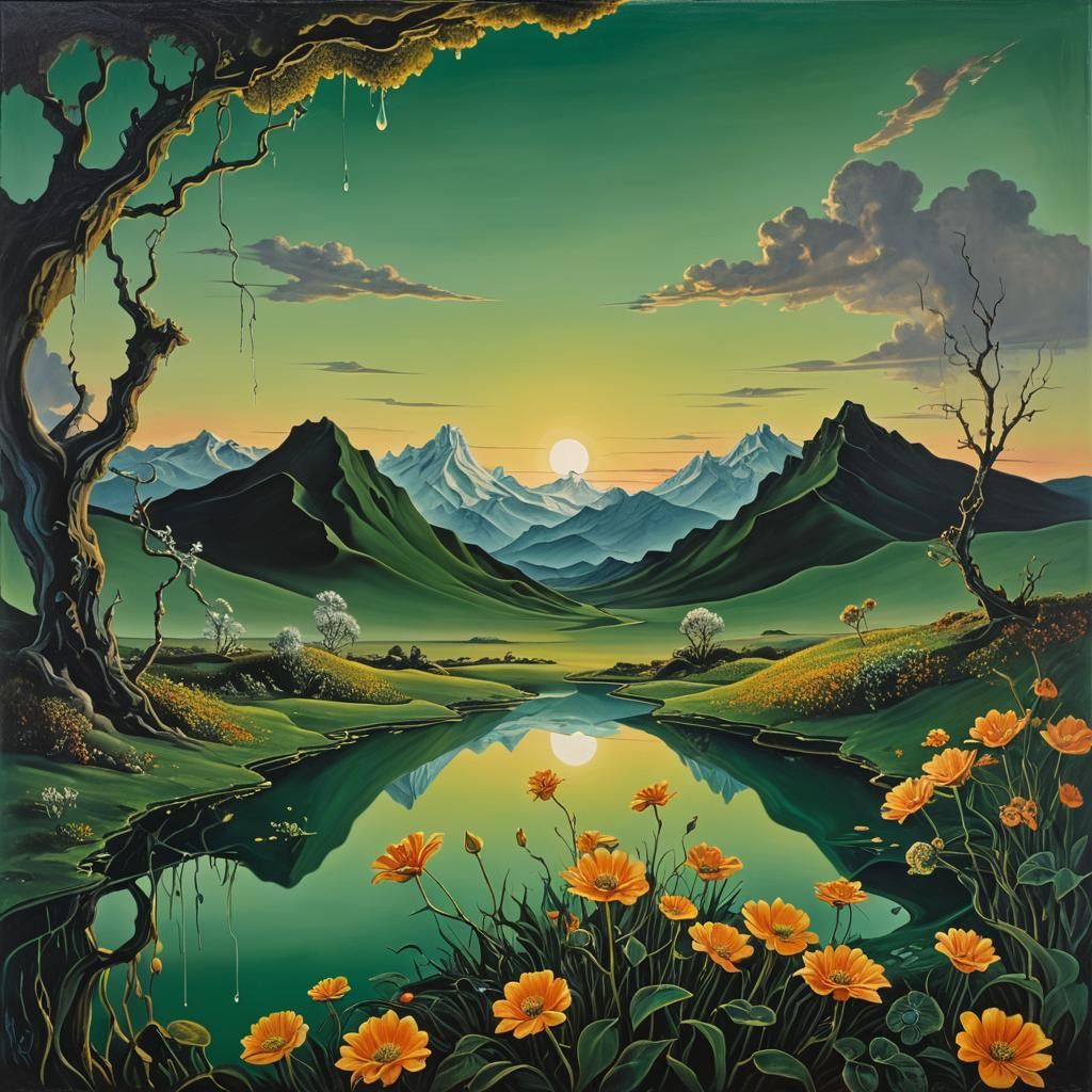 Surreal Dusk Landscape with Floating Mirror, Dali Style