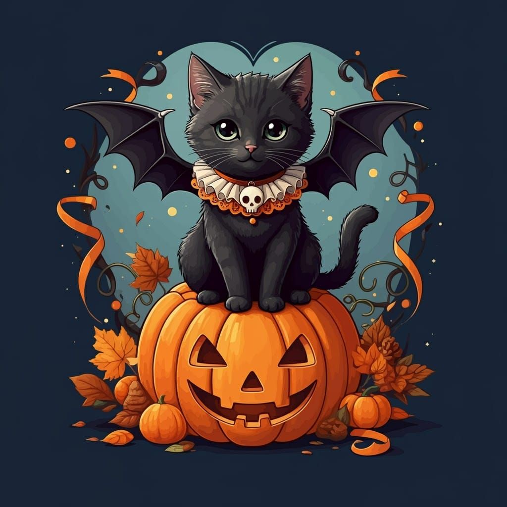 Kawaii Goth Kitten on Jack-o'-Lantern, Vector Art