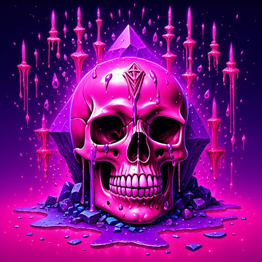 Neon Skull Dripping Liquid with Crystals and Runes