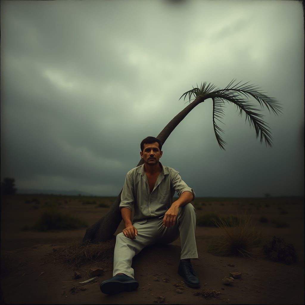 Melancholy Man Under Ominous Sky in Abstract Style