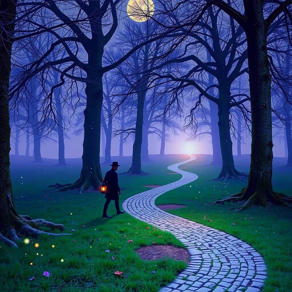 Mysterious Lantern Bearer Guides Through Moonlit Forest