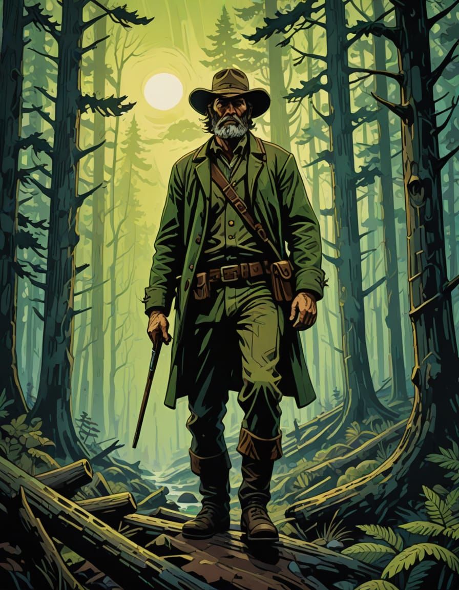 Rugged Expressionist Frontiersman in a Misty Wilderness