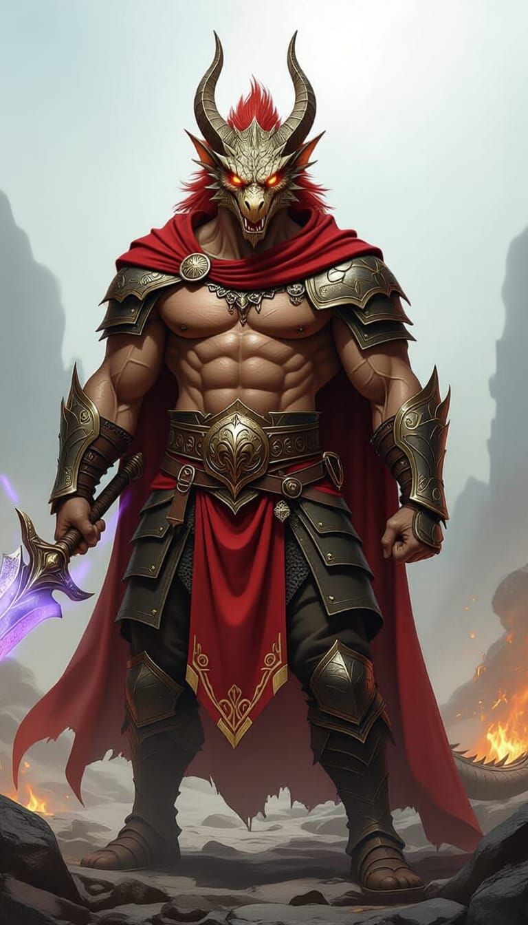 Dragon Barbarian Wielding Magic Scythe in Dark Fantasy Style