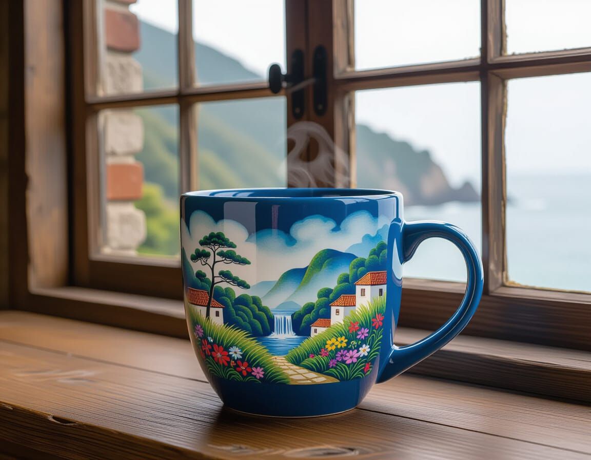 3D Printed Blue Mug With Serene Landscape Inside