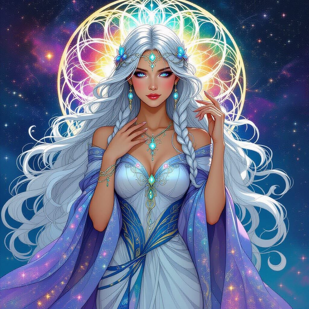 Celestial Sorceress with Cosmic Energy in Art Nouveau Style