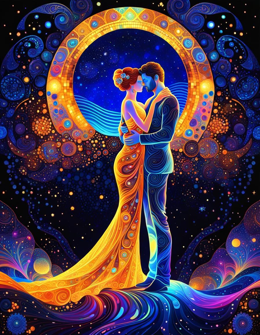 Abstract Mosaic of Embracing Couple in Klimt Style