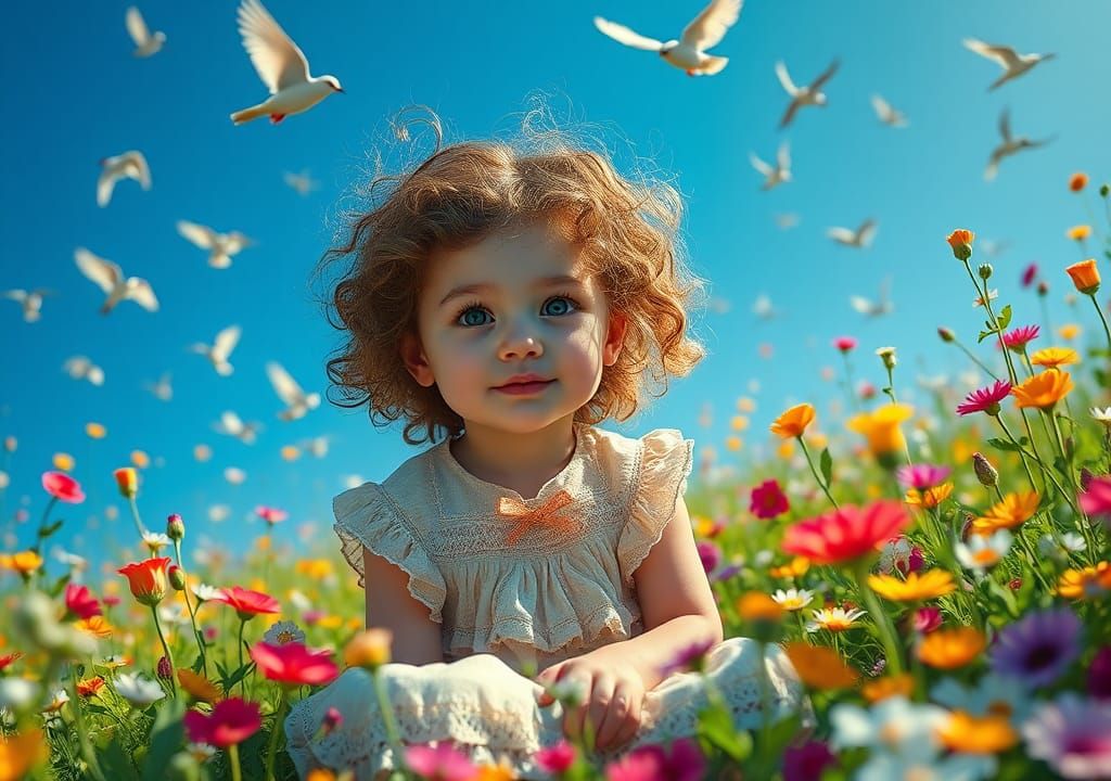 Girl in Floral Meadow, Art Nouveau Style