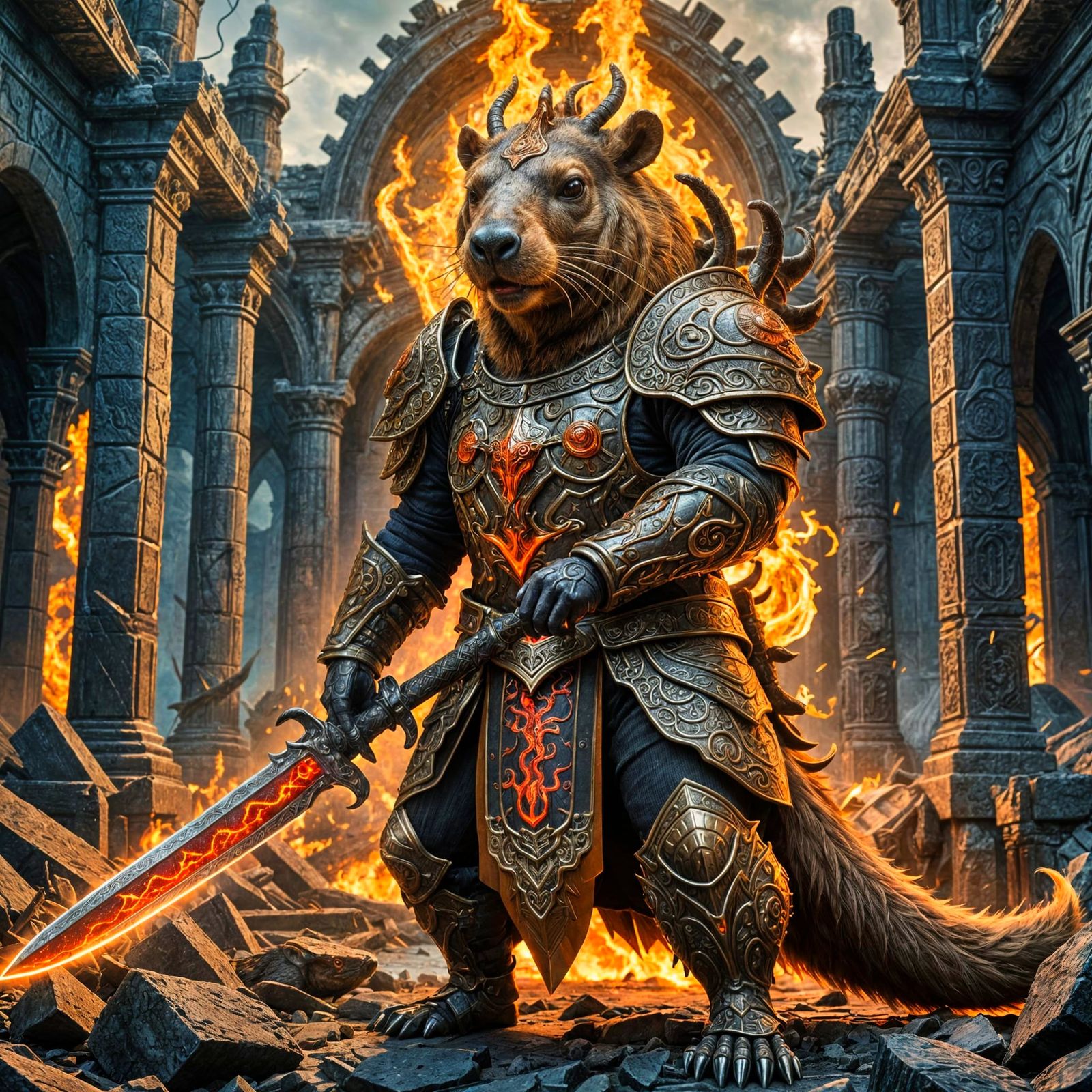 Ominous Demonic Capybara with Sword in Ruins