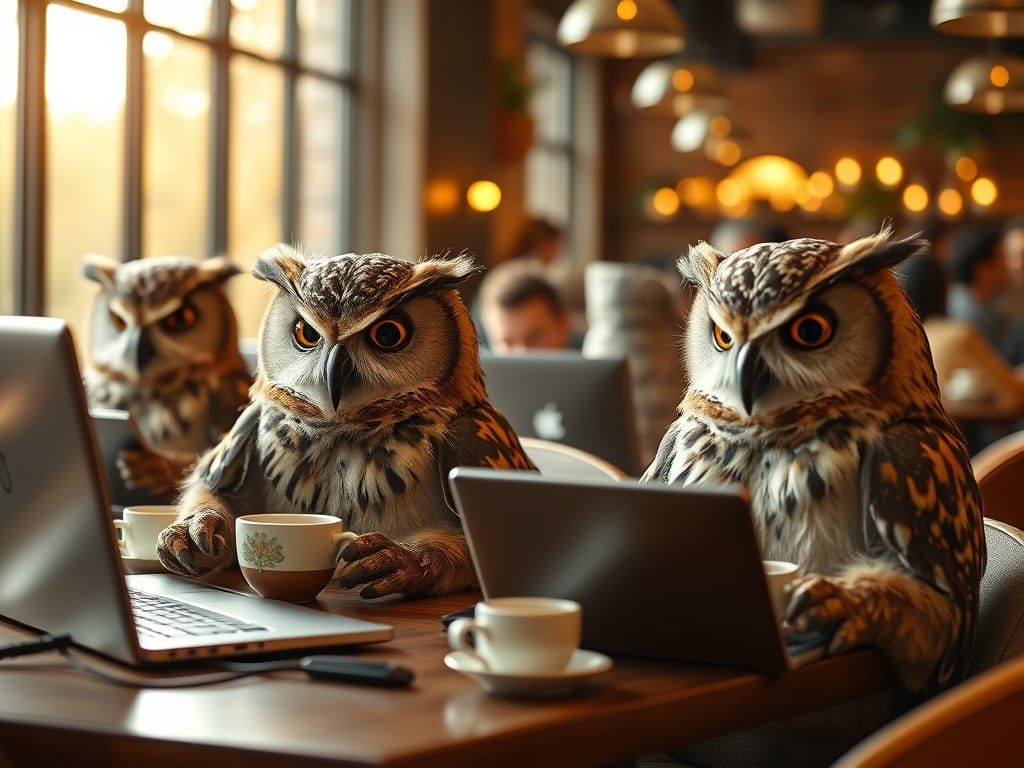 Anthropomorphic Owls in a Bustling Internet Cafe