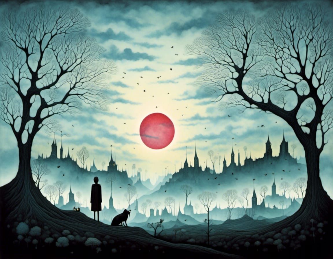 Dark Whimsical Surreal Landscape Illustration