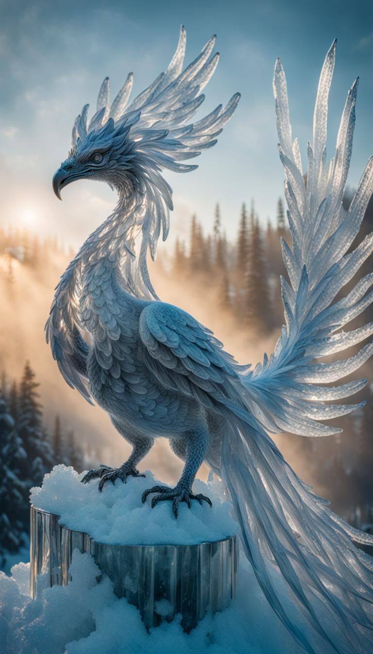 Icy Crystal Phoenix Sculpture in 8K