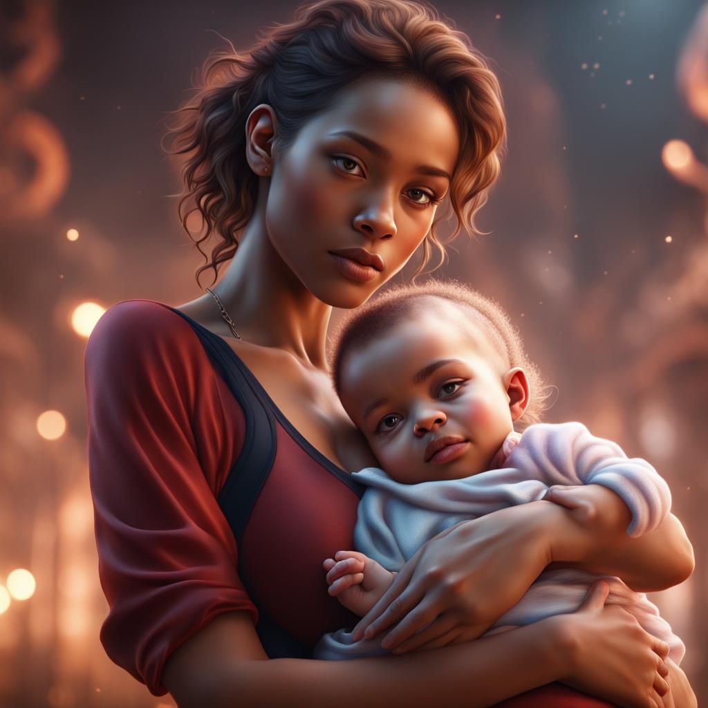 Alluring Woman Cuddles Baby Girl: Fantasy Concept Art